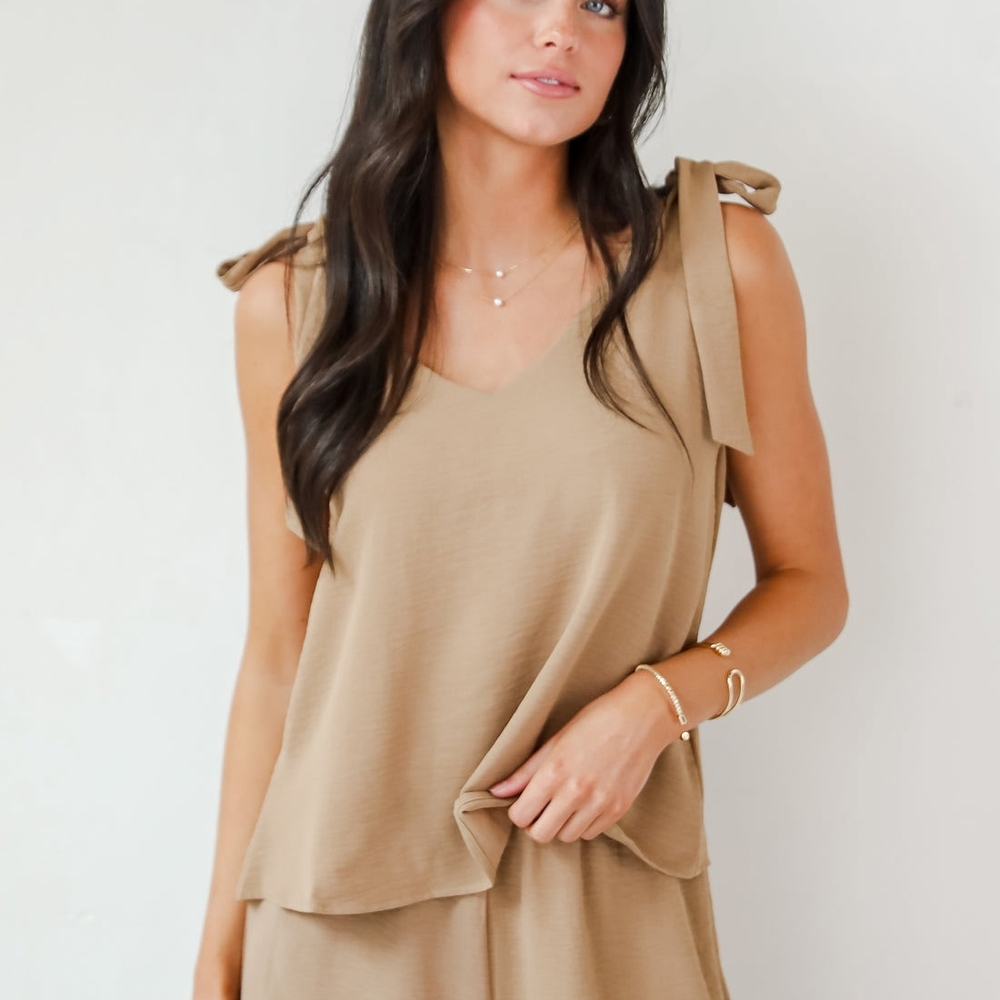 Elegant Brown Tie-Shoulder Tank Top And Short Set - Picture 5 of 8